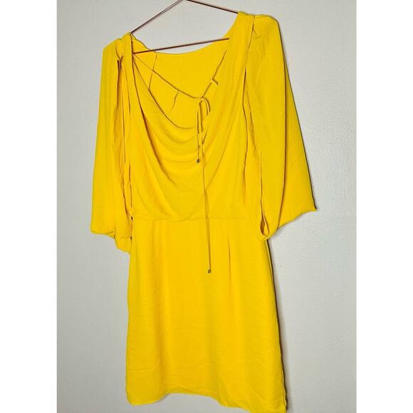 HALSTON HERITAGE Yellow Silky Georgette Cape Sleeve Open Back Mini Dress Size 4 - Picture 5 of 13